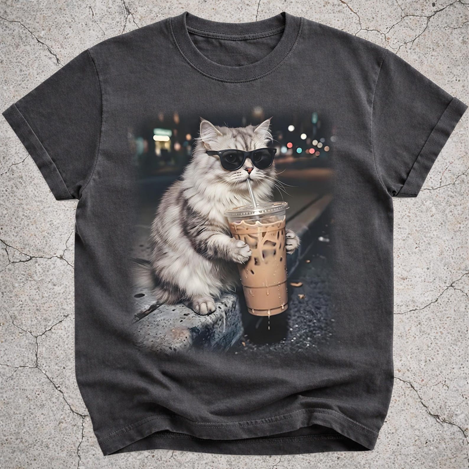 Funny Persian Cat Drinking Iced Coffee Shirt, Cat Meme Tee, Vintage Photo T-Shirt, Coffee Lover Gift, Cat Owner Shirt M