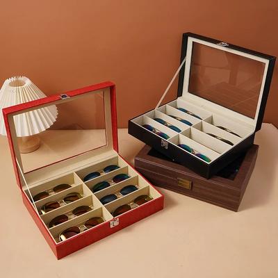 Fashion Leather Sunglasses Storage Box-Multi Grid Large Capacity Case Jewelry Display Collection Box for Sunglasses Organization