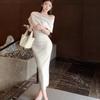 Temperament Sexy Slanted Shoulder Short-sleeved Dress Women's Summer Slim-fit One-word Shoulder Long Dress Showing Figure Waist Hip Skirt