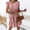 Women's Color Round Neck Pullover Short Sleeve Ruffle Tie Waist Dress