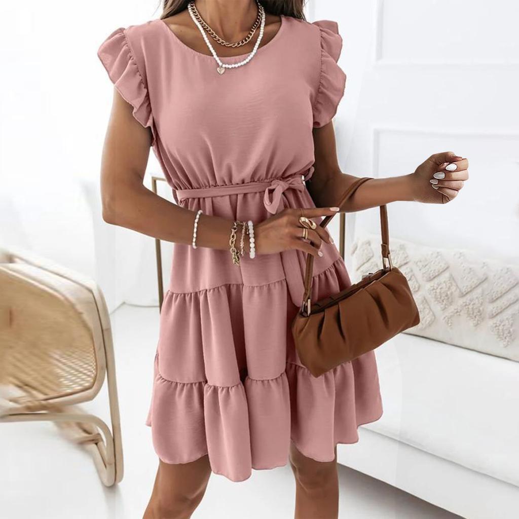 Women's Color Round Neck Pullover Short Sleeve Ruffle Tie Waist Dress