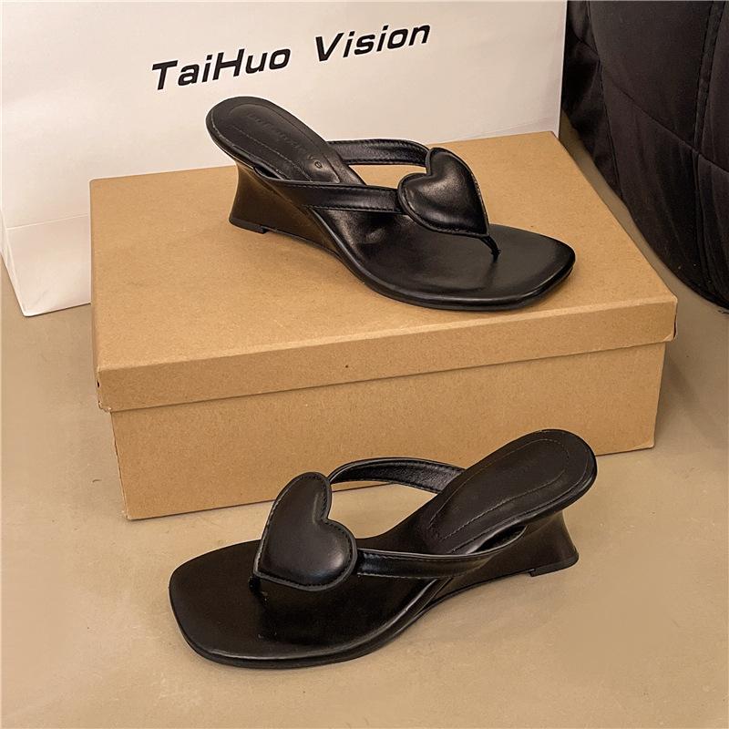 Wedge heel red love high heels pinch flip-flops women's shoes wear 2025 summer temperament sandals