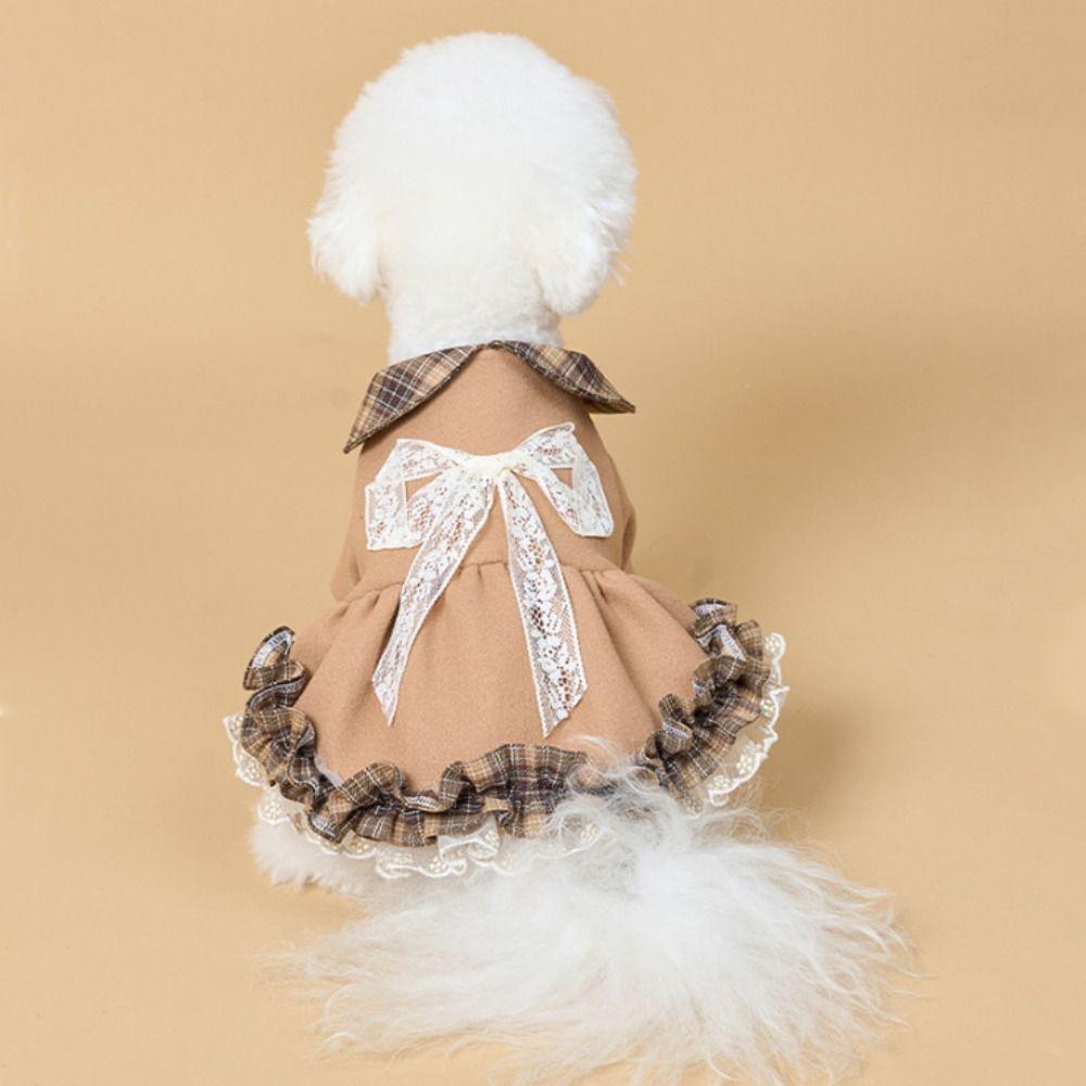 Thickened Pet Plaid Skirt Windproof Comfortable Autumn Winter Dog Dresses Skin-Friendly Soft Dog Lace Bow Coat Outdoor Walking