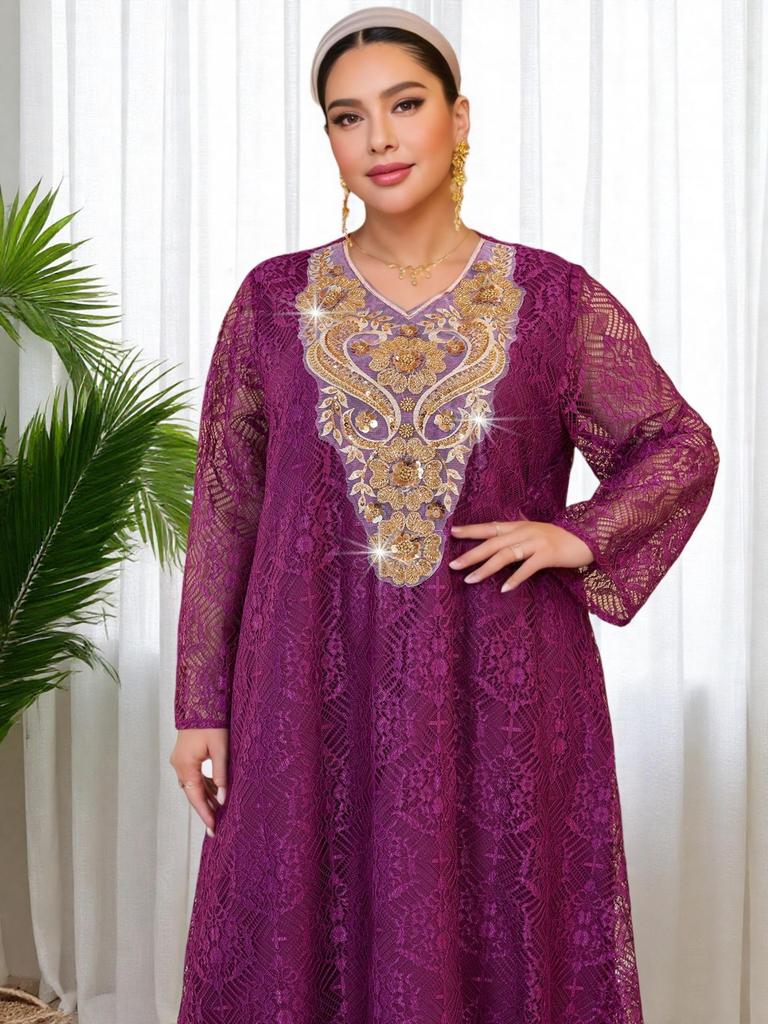 Plus Size V-neck Lace Dress with Sequin Embroidery - Flattering, Loose-Fit Muslim Formal Attire