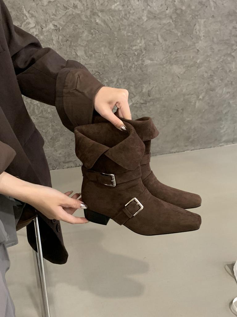 French Niche Design Medium Boots Retro Western Boots Thick Sole Thick Heel Short Boots Foldable Knight Boots