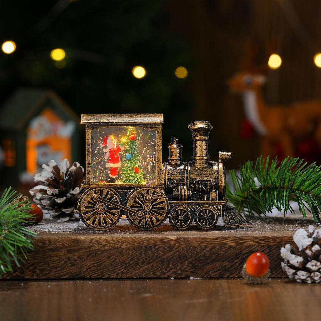 Creative Gold-Brushed Christmas Locomotive Ornament with Luminous Water-Filled PVC Night Light