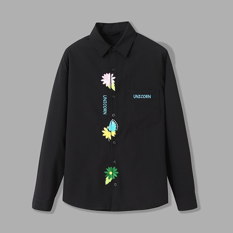 

Flower Embroidered Women s Long Sleeve Shirt Lapel Solid Color Button Up Blouse Korean Style Fashion Woman Casual Shirt 2XL