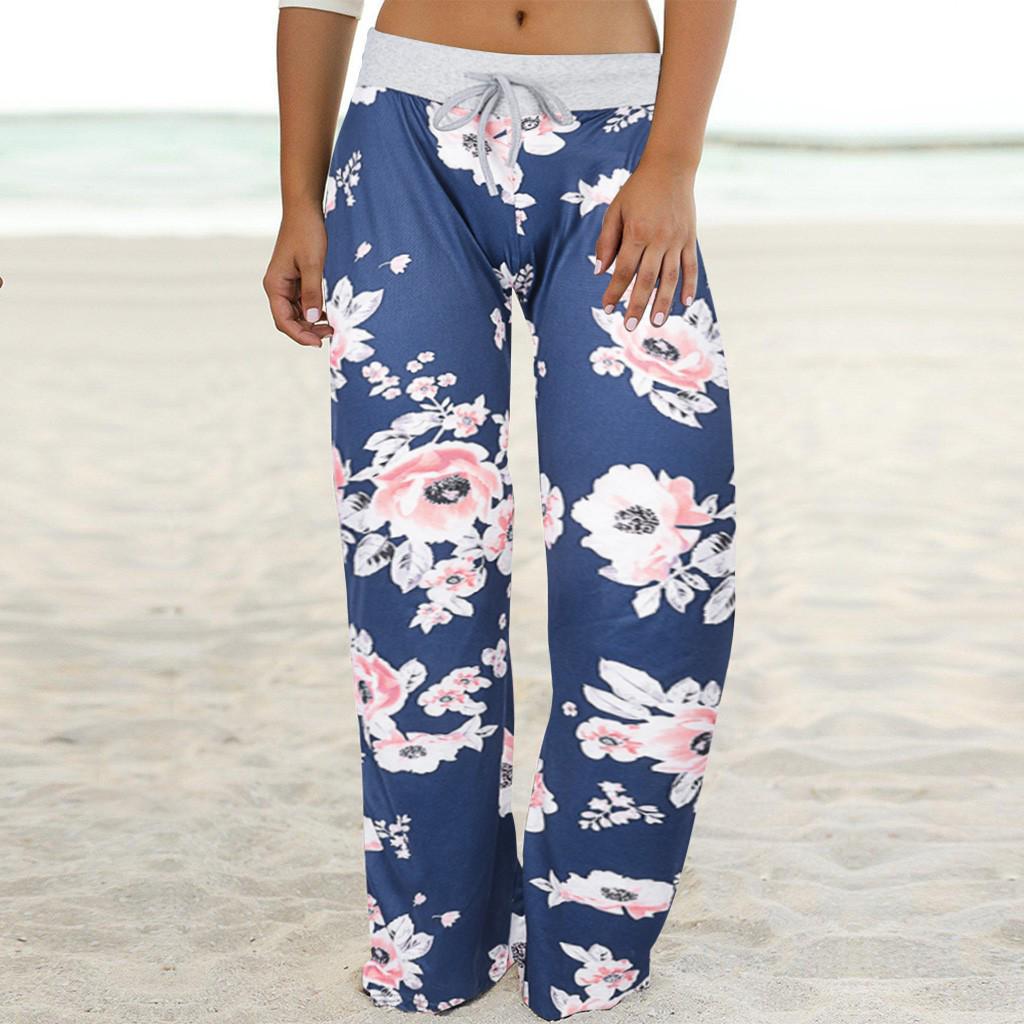 

Модные женские удобные широкие брюки с эластичным принтом и шнурком