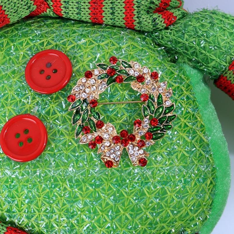 1Pc New Fashion Design Red Enamel Bell Crystal Christmas Brooch Pins Colorful Christmas Wreath