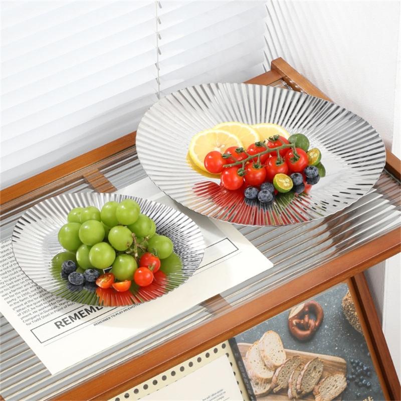 Pastry and Candy Fruit Tray In Metal with Reflective Finish, Textured Border, and Broad Display Area for Coffee Table, Dining Table, and Daily Use