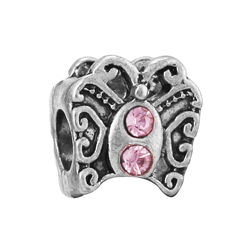 New Silver Plated Pink Diamond Butterfly Alloy Large Hole Charm Beads For DIY Bracelet Necklace Jewelry Accessories Gift