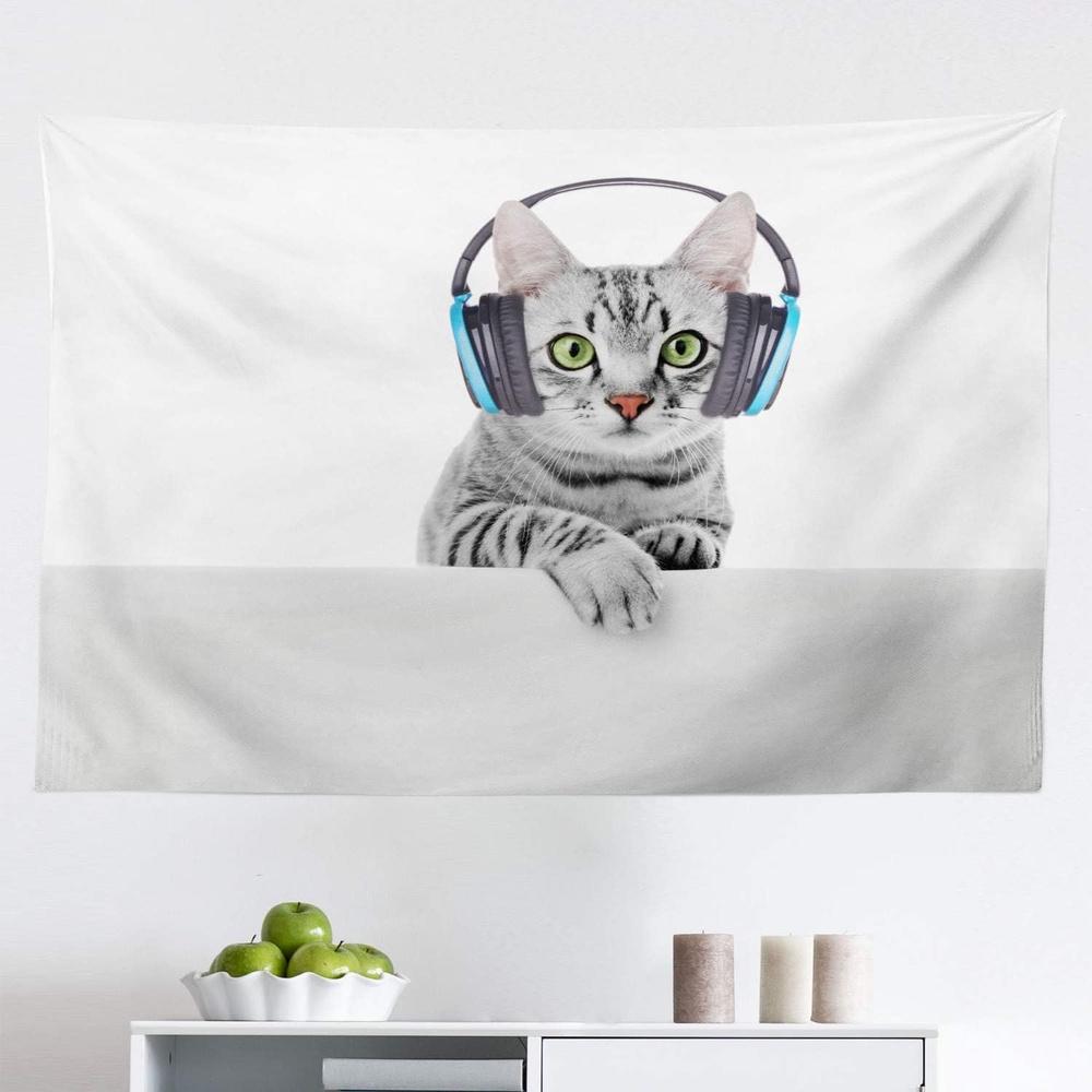 Whimsical Cat  Listening To Headphones Kitten Design Tapestry Room Decoration Home Decor Bedroom Wall Hanging Fabric