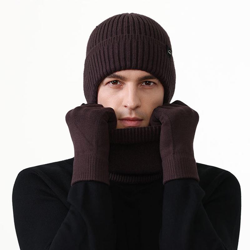 Autumn Winter Warm Suit Men's Velvet Thick Ear Protection Knitted Hat Scarf Gloves Three-Piece Hat Set