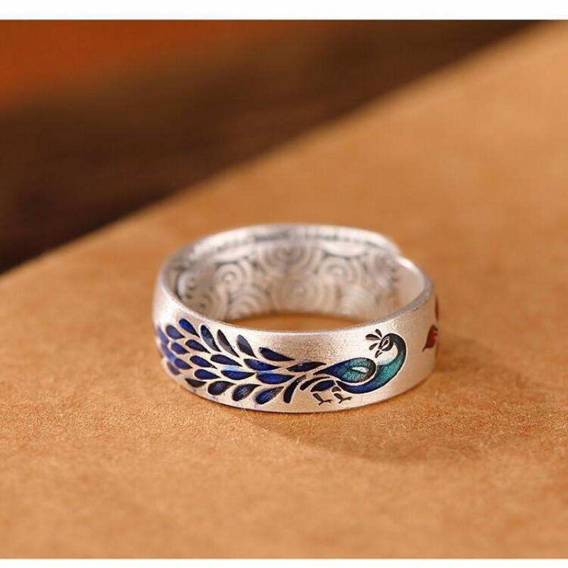 Adjustable Open Ring With Peacock Lotus Cloud Motif Vintage Style Copper Jewelry Men Women