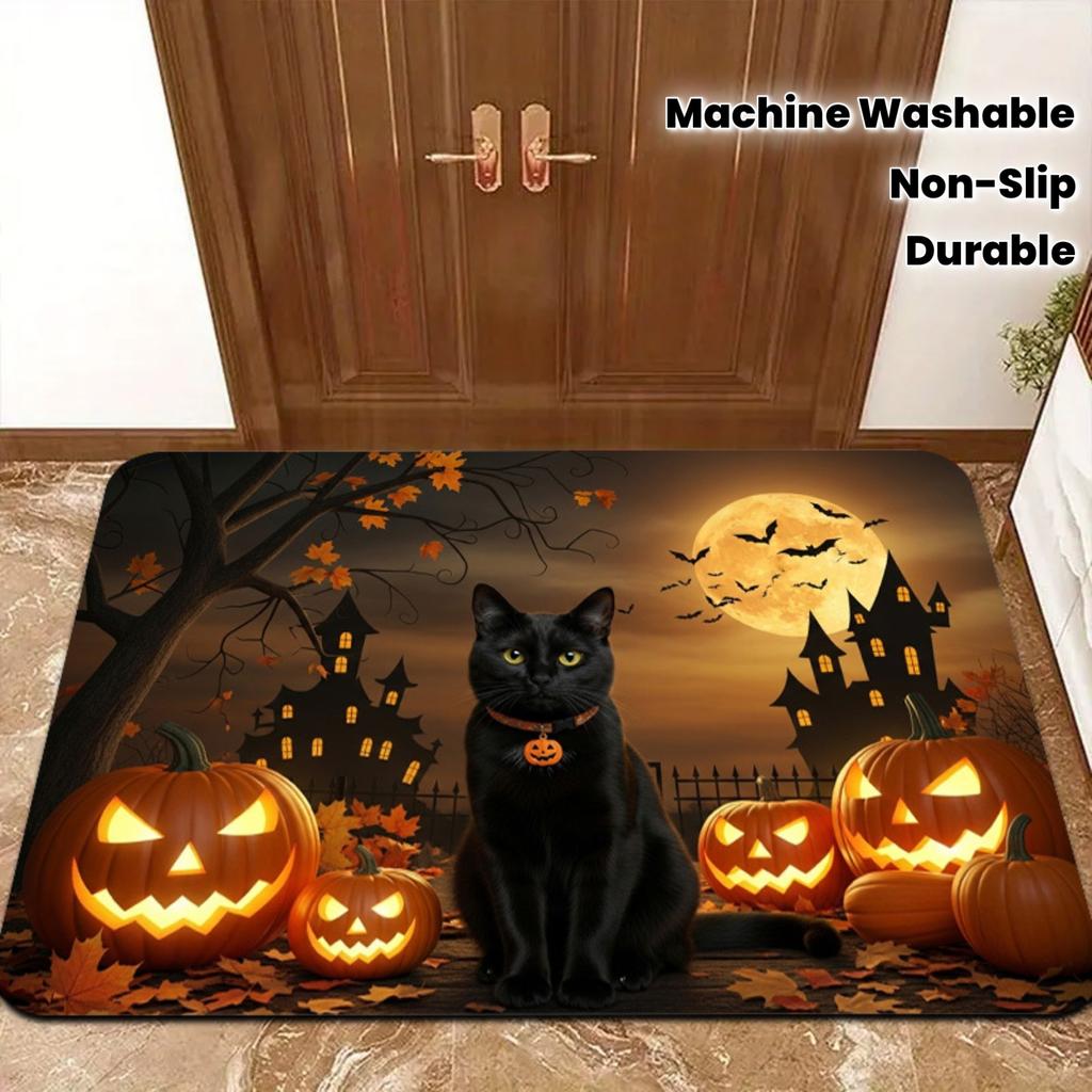 VIKAMA Large Halloween Carpet Black Cat Spooky Castle Carpet Entrance Doormat Rug For Bedroom Carpet For Living Room Home Decor