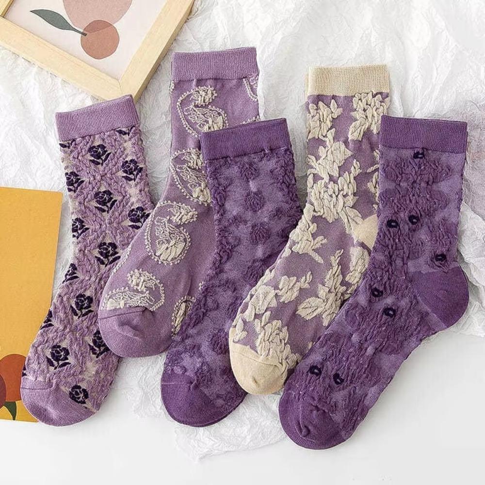 5 Pairs Three-Dimensional Women Textured Socks Palace Style Long Stockings  Spring Autumn