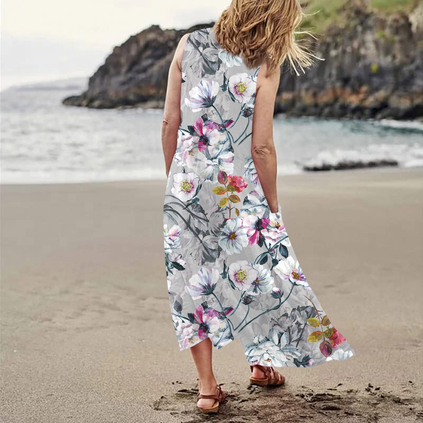 Женское повседневное удобное хлопковое карманное платье без рукавов с цветочным принтом — фото 4