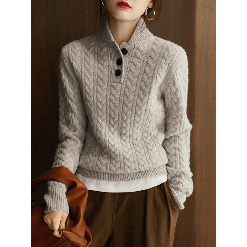 Pull en tricot, Col montant, Revers semi-ouvert, Texture torsadée, Cachemire pur, Baseball, Élégant