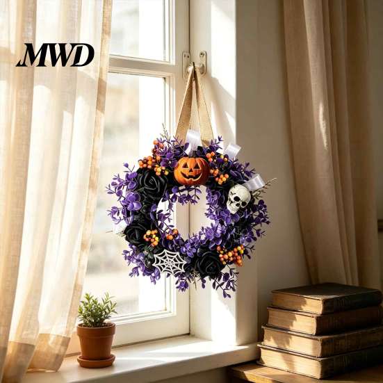 Wall Fireplace Hanging Ornaments Halloween Wreaths for Front Door, Skull Pumpkin Wreath with Berries, Black Spooky Bat Cabin Party Props Roses, Purple