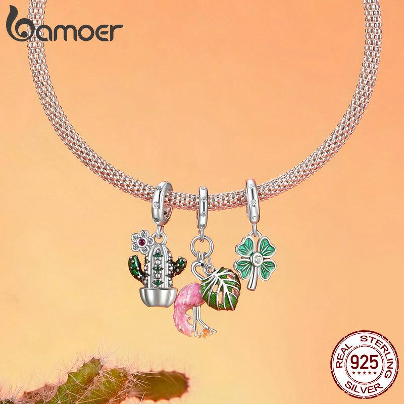 Bamoer 925 Sterling Sølv Firkløver Charms Perler med grønn emalje passform Europeiske armbånd DIY Mango/Kaktus/Flamingo