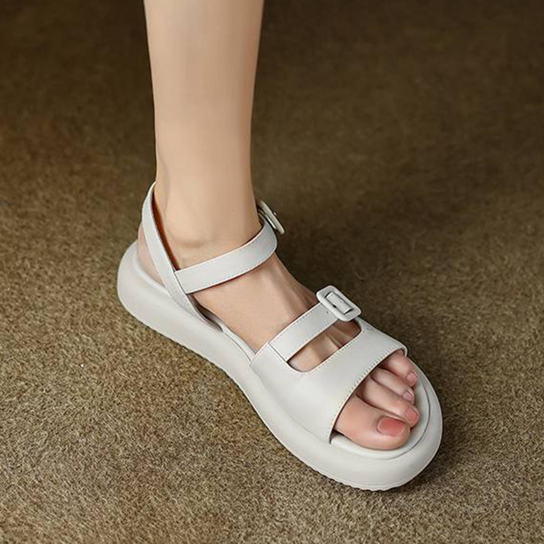 

Krazing Pot Microfiber Peep Toe Low Heels Summer Flat Platform Square Buckle Concise Design Women Leisure Sandals