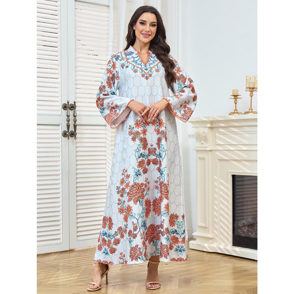 Casual Maxi Dress V-Neck Floral High-Def Print Loose Fit Multi-Size