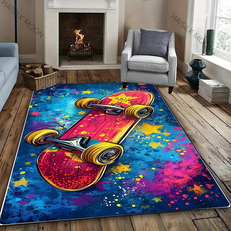 1 Stück Junge Mode Skateboard Print Bereichsteppich, Teppich für Zuhause Wohnzimmer Kinderzimmer Sofa Dekor, Kinder Spiel Rutschfeste Bodenmatte