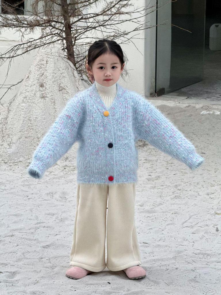 2025 Winter Korean Style Girls' Fleece-Lined Cardigan - Colorful Woolen Sweater