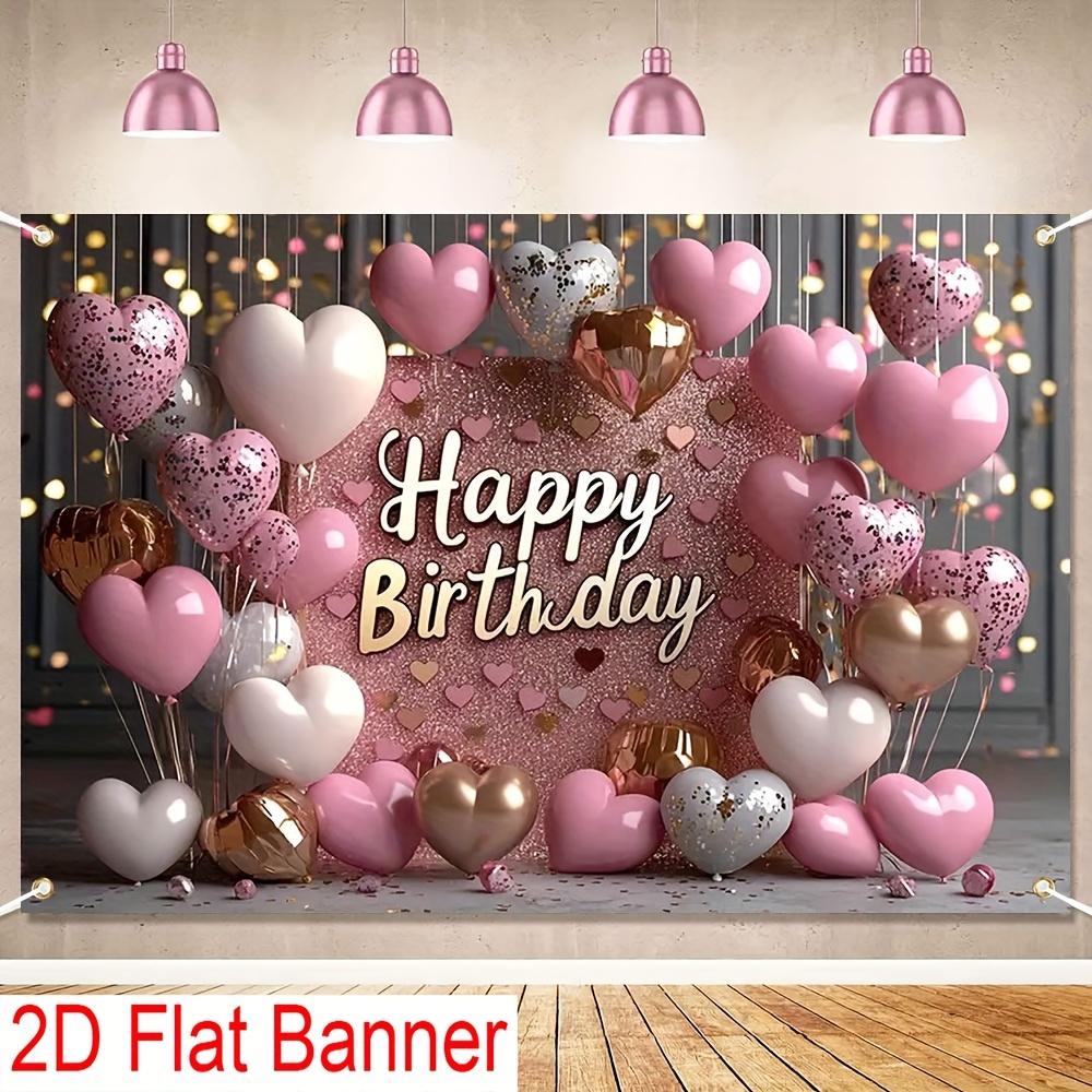 1 2D Flat Banner, "Happy Birthday" Pink Glitter Background, with Balloons and Hearts, Suitable for Birthday Party Decoration