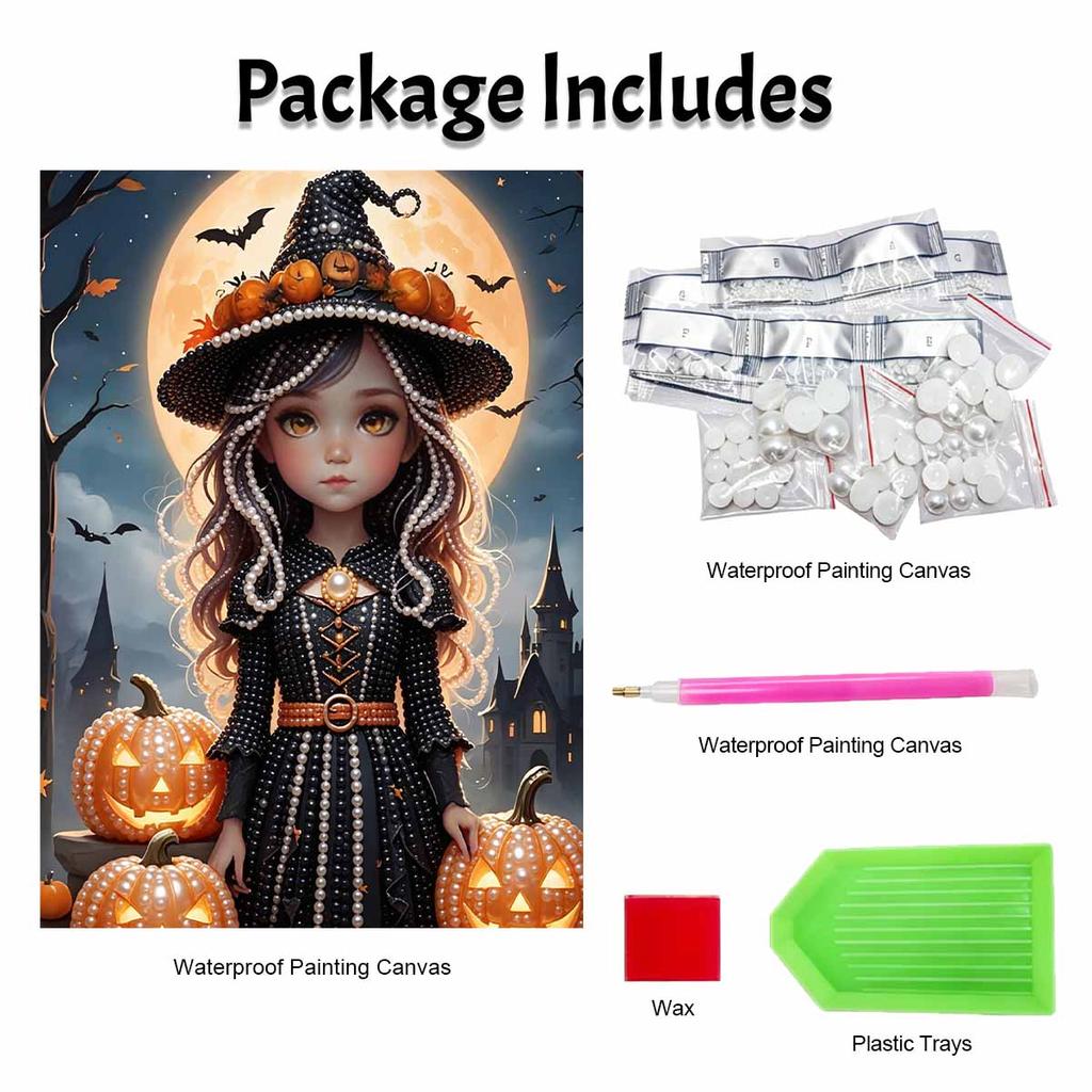 Pearl Painting DIY Kit Frameless Little Witch With Pumpkins Moon Bats Halloween Pattern Shiny Bead Art Canvas Creative Wall Decor Gift Idea