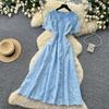 Elegant Summer Midi Dress for Women O-Neck High Waist Solid Spliced Lace with Embroidered Flowers Long Dress New Fashion