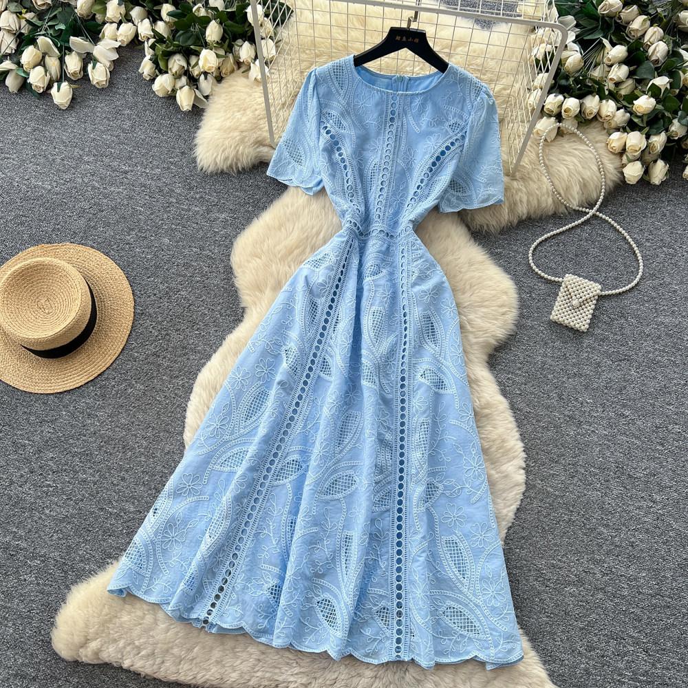 Elegant Summer Midi Dress for Women O-Neck High Waist Solid Spliced Lace with Embroidered Flowers Long Dress New Fashion