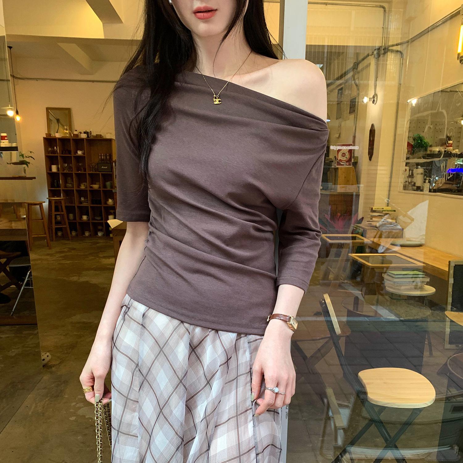 Korean White Batwing One-Shoulder Five-Sleeve T-Shirt for Women - Spring/Summer 2026 Cropped Slimming Top Small кофейный