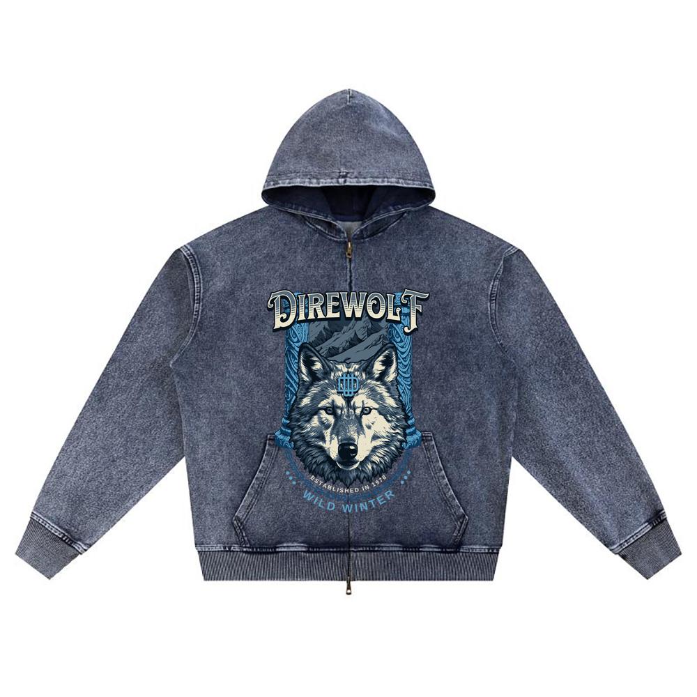 

DTG print Knitted Denim Zip-Up Hoodie Direwolf Brother Print Zipper Hoodies XL