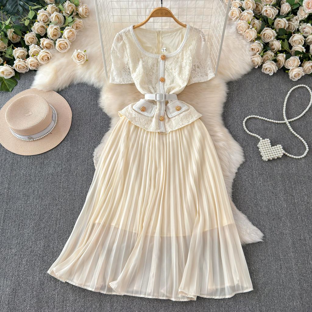 Summer Women Elegant Lace Chiffon Patchwork Party Dresses with Belt