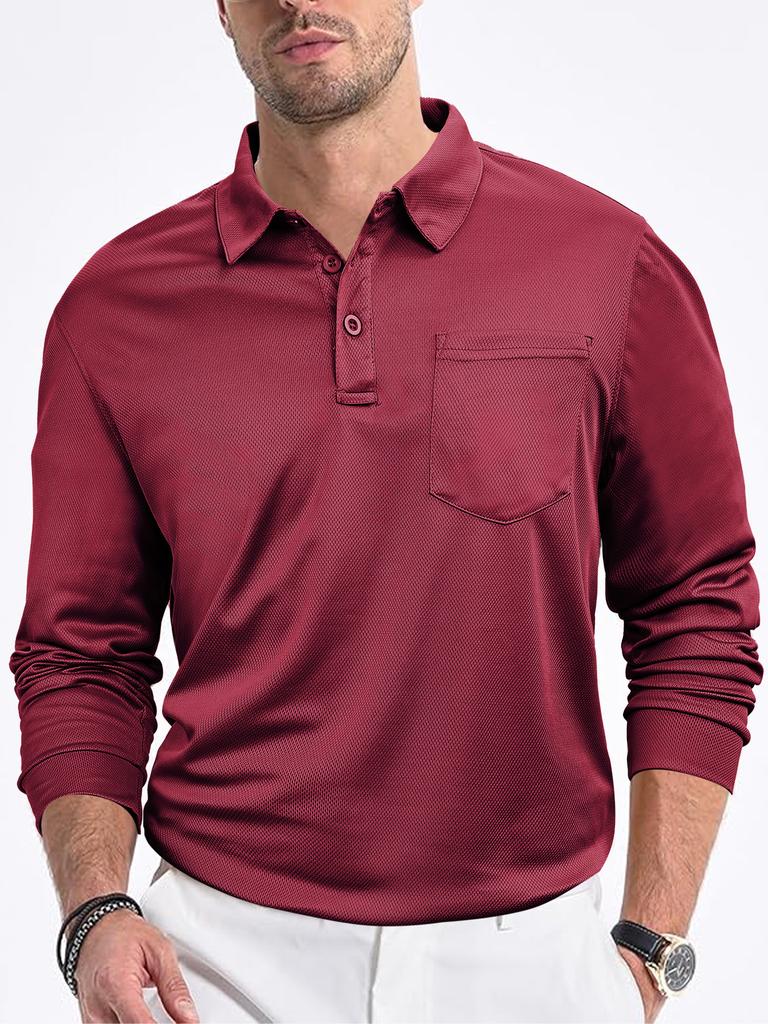 European and American Men's Casual Loose Button Placket Solid Color Long-sleeved Mesh Lapel Men's Polo Shirt Shirt