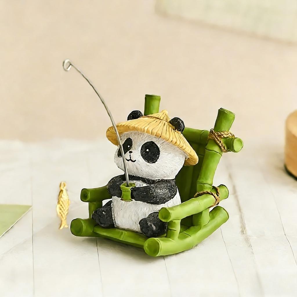 Resin Fishing Panda Outdoor Statues Bamboo Hat Adorable Animal Bonsai Pond Aquarium Tabletop Home Room Bedroom Decor Gift