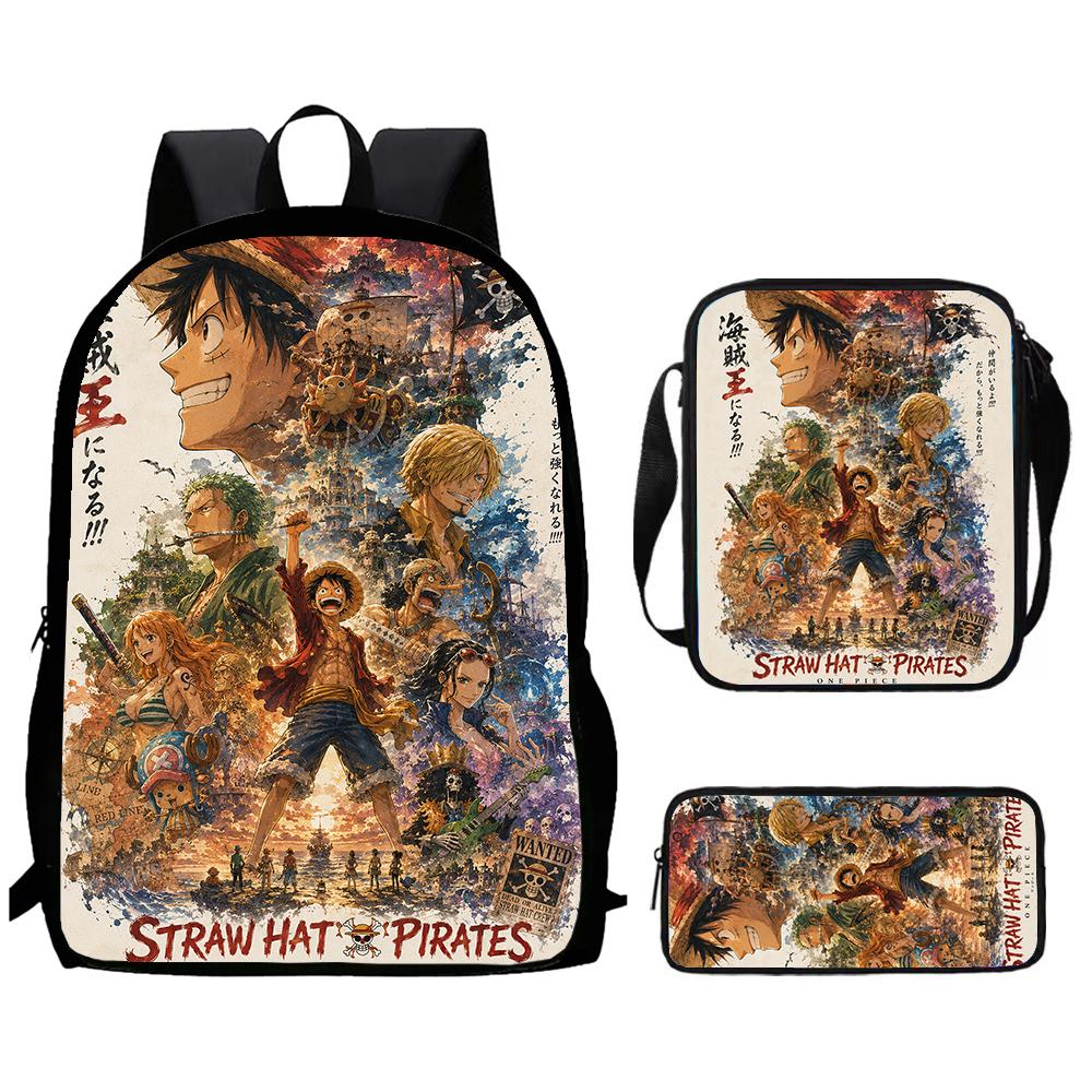 One Piece 15-Inch Mochila 3 PCS Lightweight Durable School Backpack With Crossbody Bag And Pencil Case For Boys Girls Ages 6-10