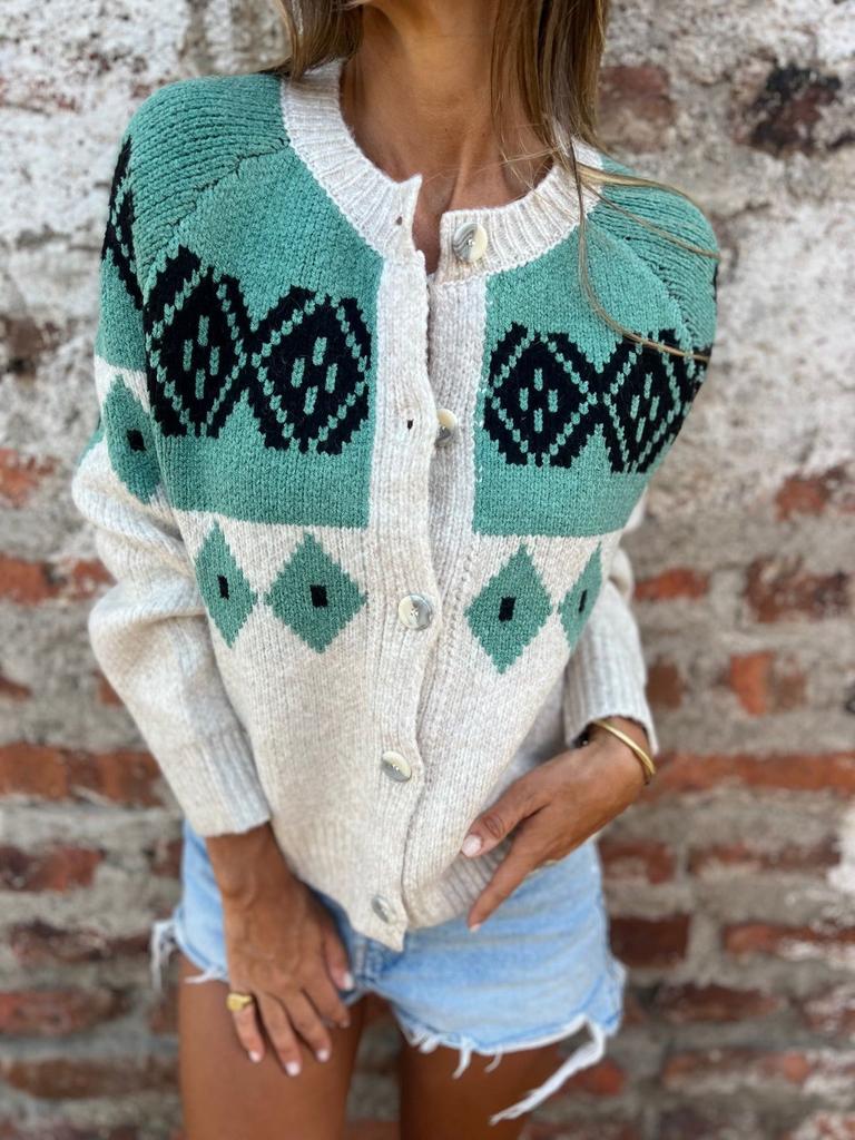 Women's Pink V-Neck Knit Cardigan with Jacquard Floral Pattern