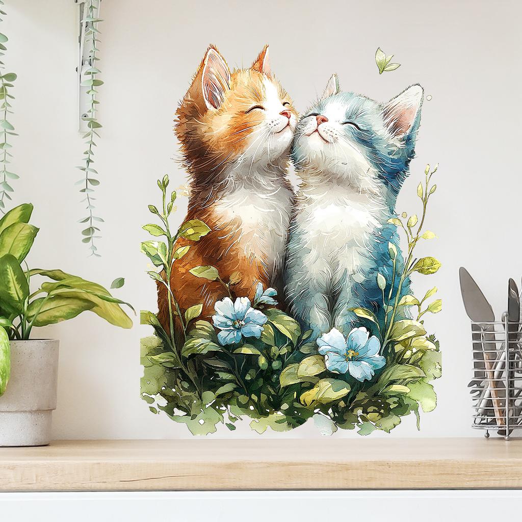 Sleeping Cute Cat in Grass Wall Stickers, Self-Adhesive Decor for Bedroom Living Room Study Room Decoration