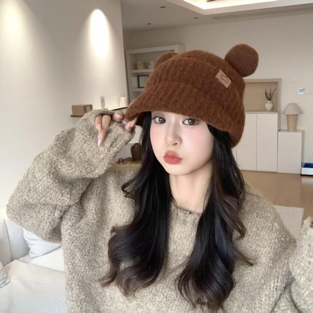 Autumn and winter new cute bear round ears wool hat women's headband hat showing a small face warm ear protection knitted hat