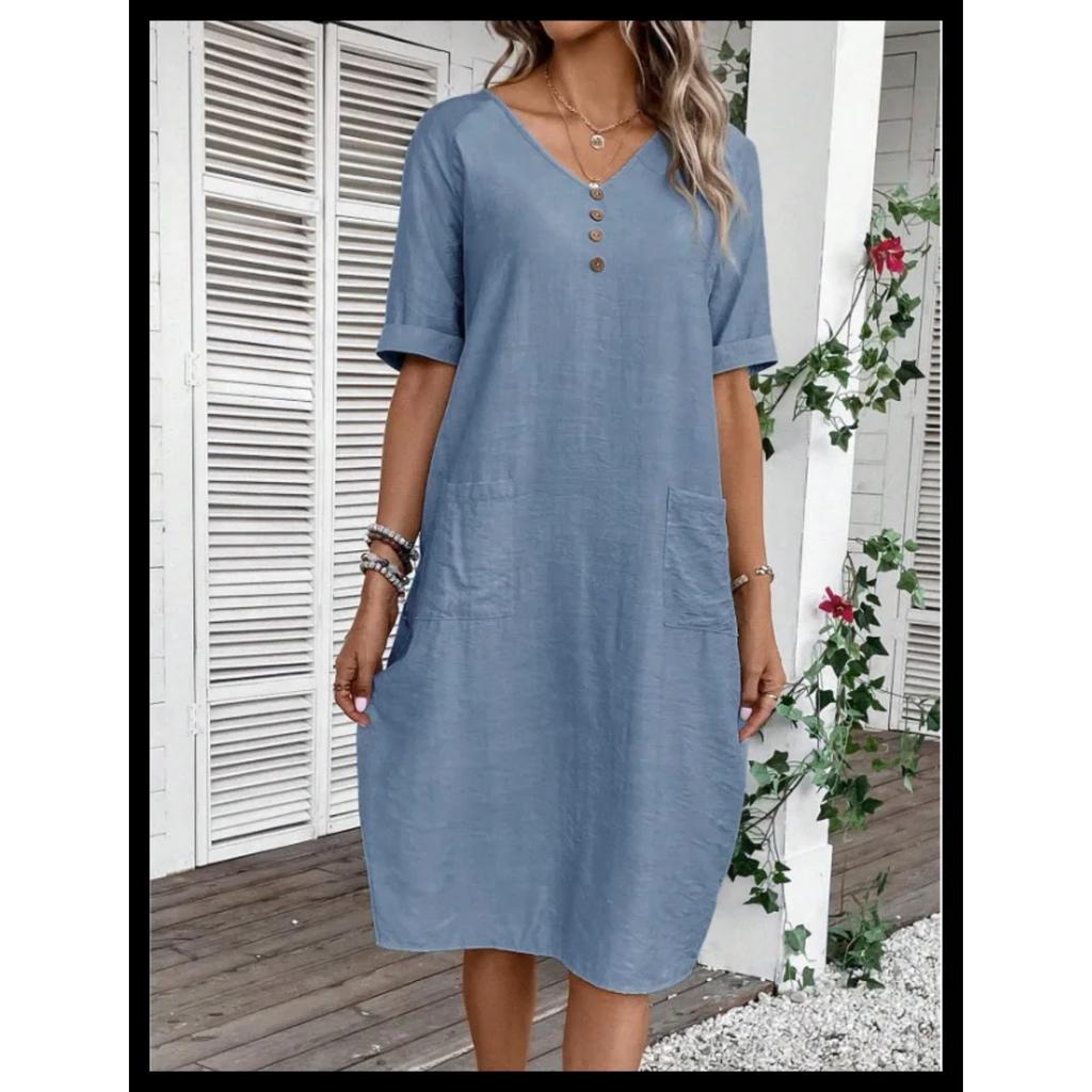 LYRIA Women's Cotton Linen Short Sleeved Dresses Loose And Comfortable Vacation Dress For Women