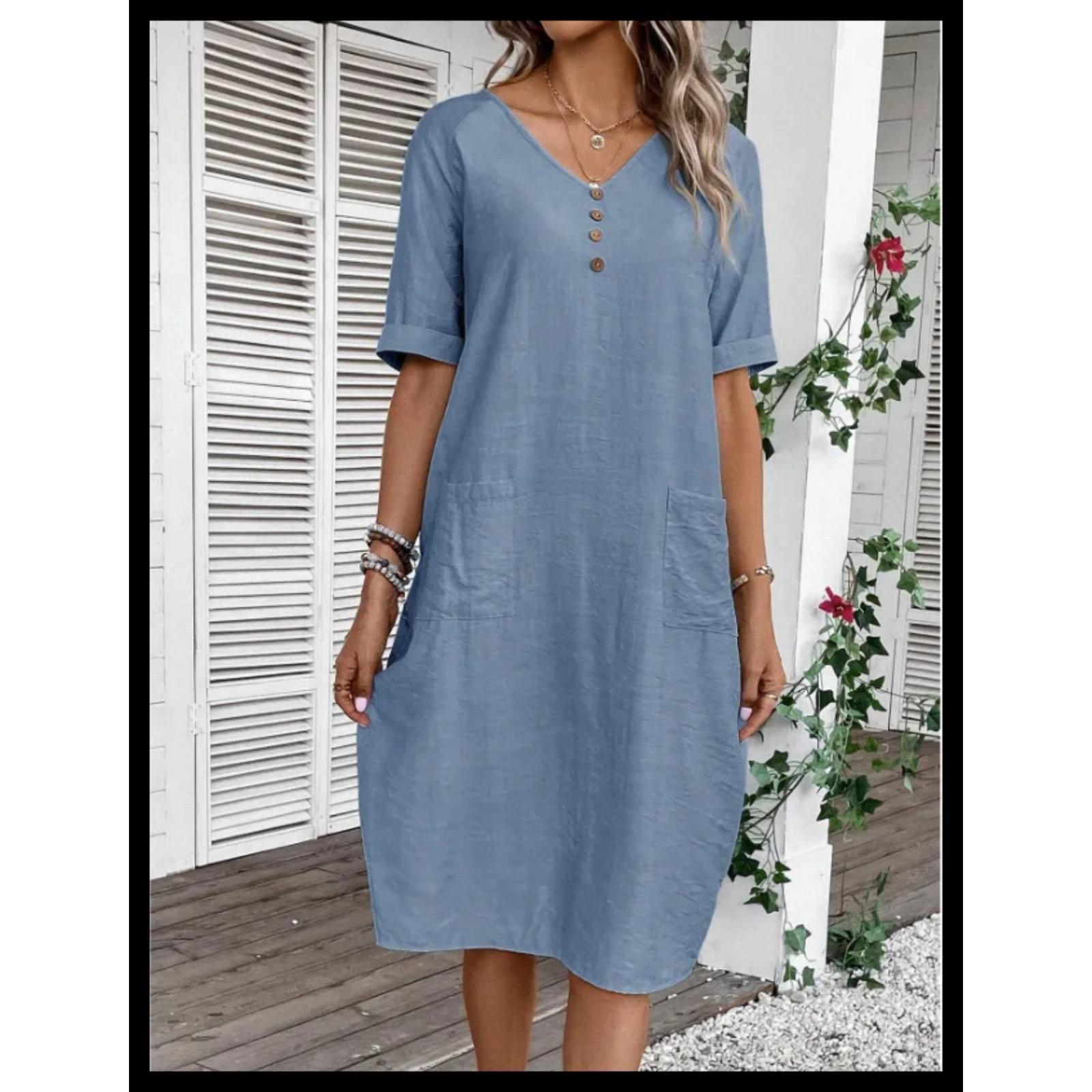 

Women s Cotton Linen Short Sleeved Dresses Loose And Comfortable Vacation Dress For Women XXL світло-синій колір