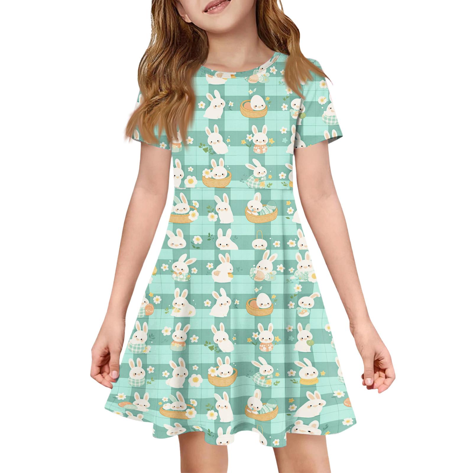 

Girl Summer Dress Color & Print Short Sleeve Dress With Pocket Casual Dress Shorts Sleeve Party Dress Easter Day 130