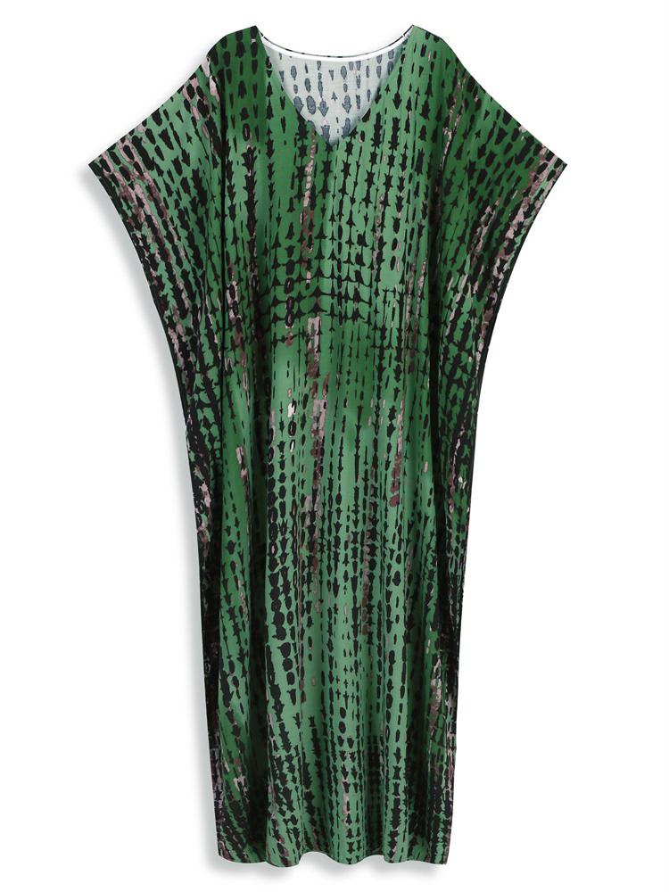 EDOLYNSA 2024 Casual V Neck Green Dark Stripe Tie-Dye Grande Taille Kaftan Femmes Été Boho Imprimé Robe De Plage Maillot De Bain Cover Up Q1218