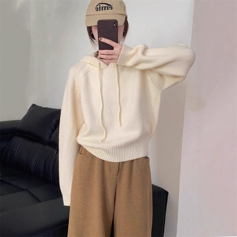 Design sense niche hooded knitted sweater top women's autumn and winter new small wear loose pullover sweater