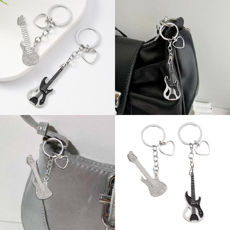 Guitar Pendant Keychain with Shimmering Stones Metal Keyring Sweet Cool Girls Key Chain Lightweight Jewelry for Bag
