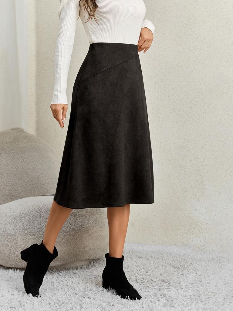 Damen Unifarbener Patchwork Wildleder Reißverschluss Rock Hohe Taille Schnalle Umwickelte Hüfte Kurzer Rock Mittellanger Rock
