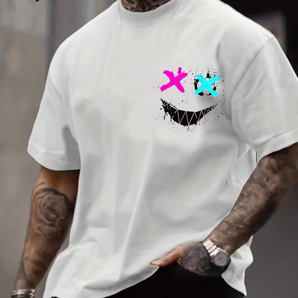 Men's Summer 100% Pure Cotton Fashionable Casual Sports Loose 3D Smiling Face Printed Round Neck Short Sleeved T-shirt Top