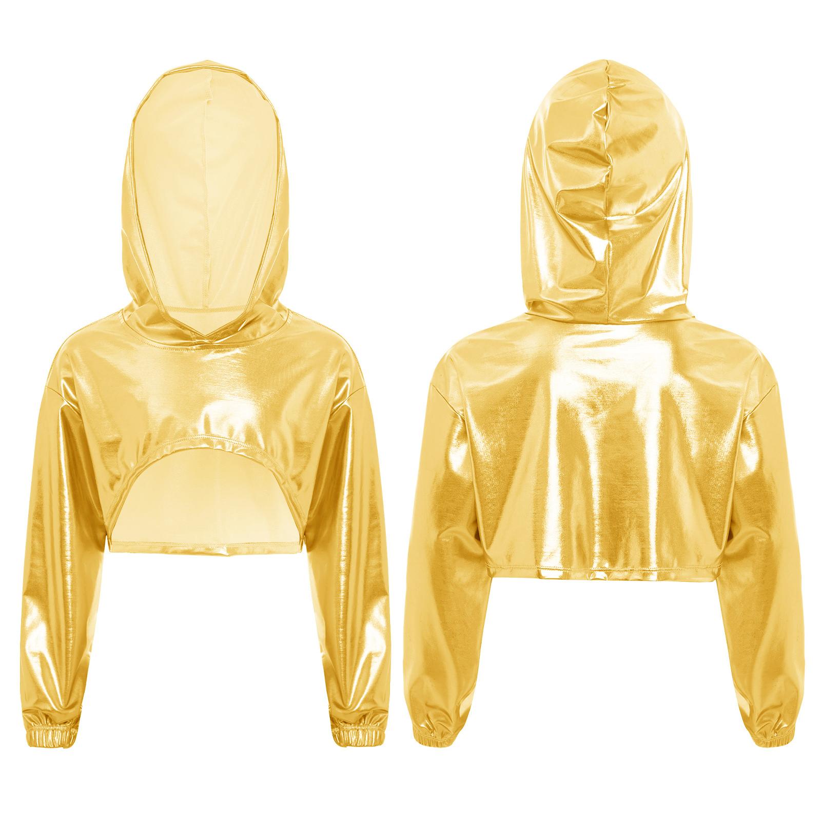 Kinder Mädchen Street Style Tanz Hoodie: Glänzendes Metallic Crop-Top mit asymmetrischem Saum & langen Ärmeln für den Wettkampf 5-6 Years gold